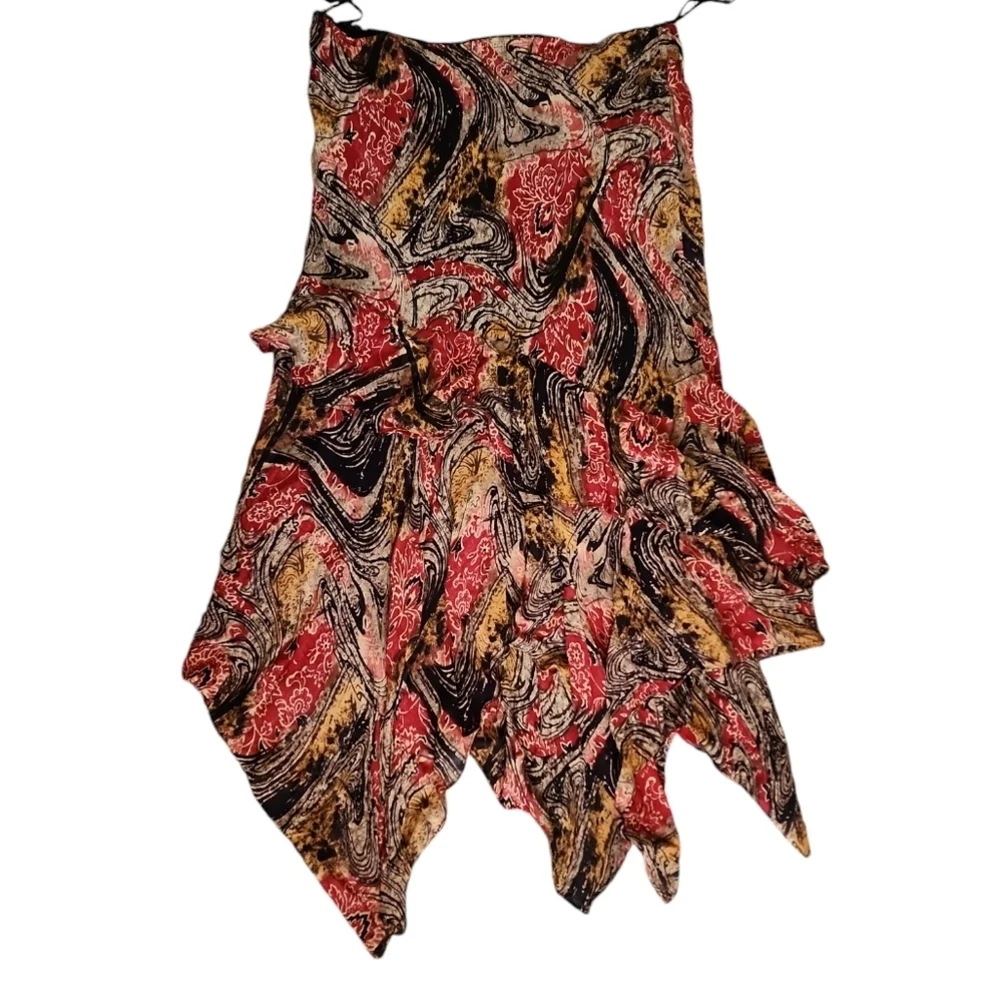 Nostalgia Vintage Asymmetrical Sharkbite Hem Midi Skirt Red Black Abstract S